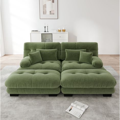 Divano angolare modulare in ciniglia verde, 2 cuscini lombari, 2 pouf DESVIAE (1/5)