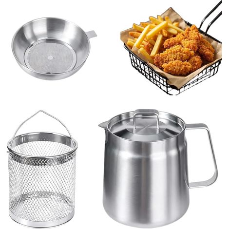 Pot de Filtre à Huile en Acier Inoxydable 2L,Acier Inoxydable 304 Pot Filtrant à Huile avec Passoire, Panier à Friture et Couvercle Anti-Poussière pour Huiles, Graisse de Cuisson de Friture (1/5)