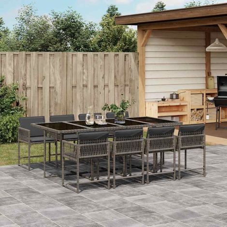 9-tlg. Garten-Essgruppe mit Kissen Grau Poly Rattan vidaXL