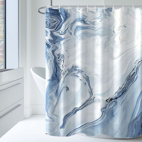 180x180CM Shower Curtain with 12 Hooks, Light Blue Marble Fabric for Bathroom (1/5)