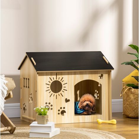 Indoor-Hundehütte 69x50x58,5 cm MDF Eiche/Schwarz, belüftet, einfache Montage – MEUBLIV (1/5)
