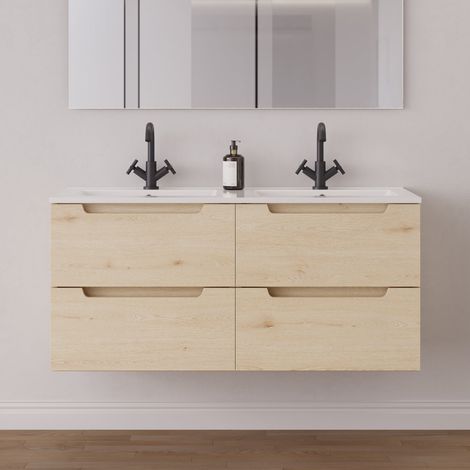 Meuble de salle de bain 140cm double vasque - 4 tiroirs - sans miroir - roble calima (bois clair) - SONRIZA (1/5)