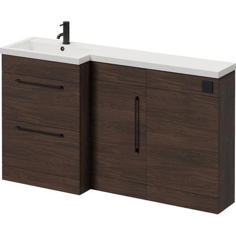Napoli 390 Brown Oak 1500mm 2 Drawer Vanity Unit Toilet Suite with Left Hand Square Lucia Basin - 1500mm - Matt Black 320mm HandleWithout Kingston Toilet Pan