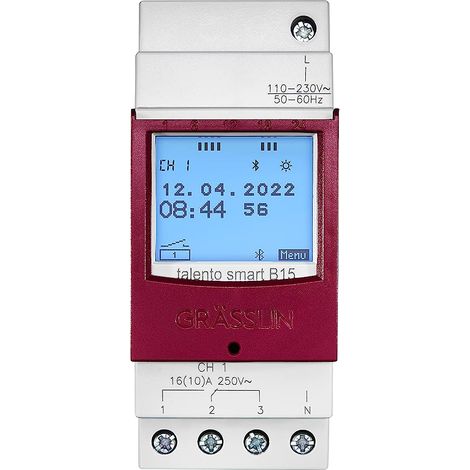 GRÄSSLIN 43.02.0001.1 talento smart B15 - Digitale Zeitschaltuhr mit Bluetooth und App-Programmierung I 1-Kanal I 2TE I 100 Speicherplätze I Montage auf DIN-Schiene I LED 600W (1/5)