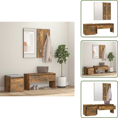 Ensemble de meubles de couloir Chêne fumé Bois d'ingénierie - Banc Entrée - Meuble Couloir - Rangement Intérieur - Mobilier Salle D'entrée - Miroir Mural (1/5)