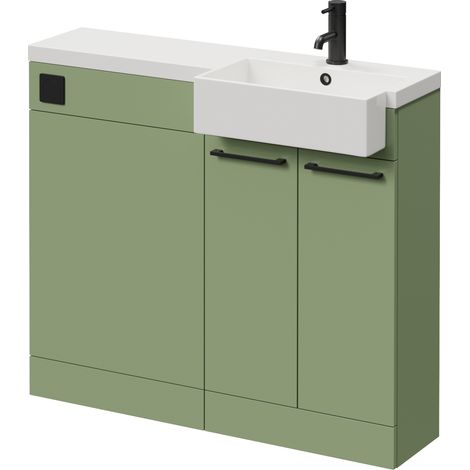 Napoli 250 Olive Green 1000mm 2 Door Vanity Unit Toilet Suite with Right Hand Square Rico Semi Recessed Basin - 1000mm - Matt Black 160mm HandleWithout Kingston Toilet Pan