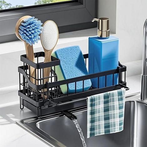 Organisateur Evier Cuisine avec Support Brosse Haute, Porte Eponge avec Plateau Vidange Amovible & Drainage Déviation, Plan Travail pour Rangement Organisation Savon Serviettes (Noir) (1/5)