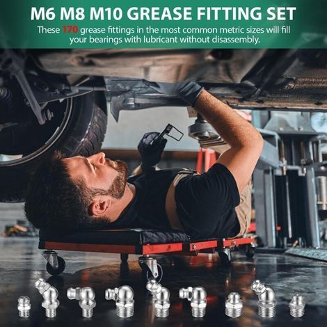 170 Pièces Graisseur a Visser, Kit Assorti de Graisseur Métriques M6 M8 M10 Raccords de Graisse Graisseurs Droit et Angle 45° 90° Graisseur Hydraulique pour Pistolet à Graisse (1/3)
