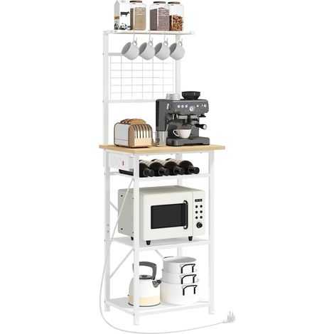 Étagère de Cuisine, Support pour Micro-Ondes avec Station de Charge, Meuble à Café avec Porte-Bouteilles et Crochets, Rangement avec 2 Prises, Couleur Boisée ABRBN23UE01 (1/5)