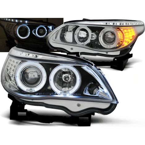 Paire de feux phares BMW serie 5 E60 de 2003 a 2007 Angel eyes chrome + Cligno led-27361226