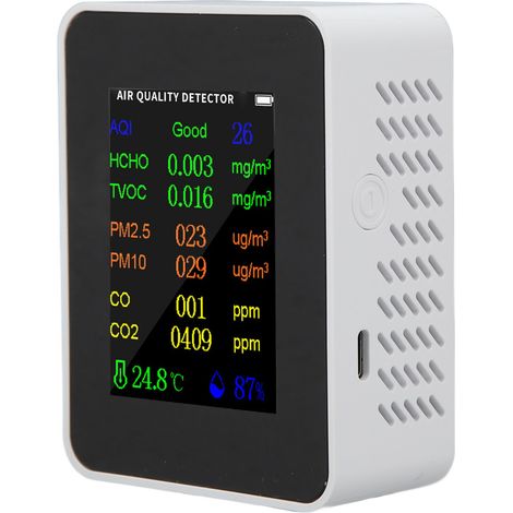 Moniteur de qualité de l'air, détecteur de dioxyde de carbone, testeur de CO précis, CO2, PM2.5, COVT, HCHO, température, humidité, mode alarme, blanc (1/5)
