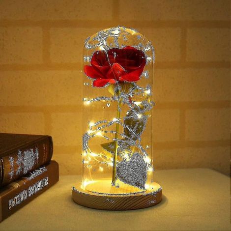 Lampe de table Vase Rose, Rose rouge avec éclairage LED et dôme en verre, cadeau de Saint-Valentin (1/2)