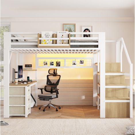 Hochbett 140 x 200 cm mit Schreibtisch, 3 Schubladen, Stauraum, LED, weiß OKMYHOME (1/5)
