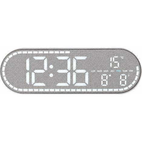 Horloge numérique LED ovale GH8053 aspect lin gris multifonction à poser et murale gris 218 g – Livraison gratuite