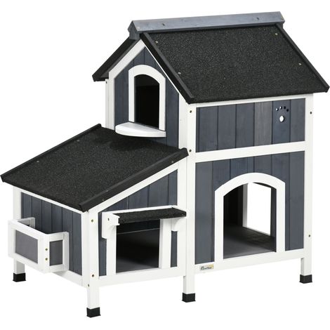 Katzenhaus für draußen aus Holz, 2 Ebenen, Asphaltdach, Grau, 96 x 65 x 85,5 cm (1/5)