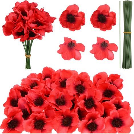 Set mit 60 künstlichen roten Mohnblumen, Kunstblumen für den Tag der Toten, Mohnblumen für den Kopfschmuck, künstliche Wildblumen mit Blumenzweig für den Blumenstrauß des Tages (1/5)