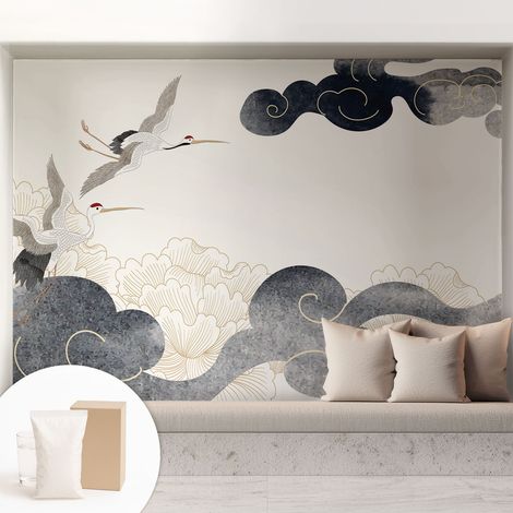 Papier peint intissé mural avec imprimé motifs uniques apparence moderne - Colle incluse gratuite Grues en vol 208x146 cm (1/5)