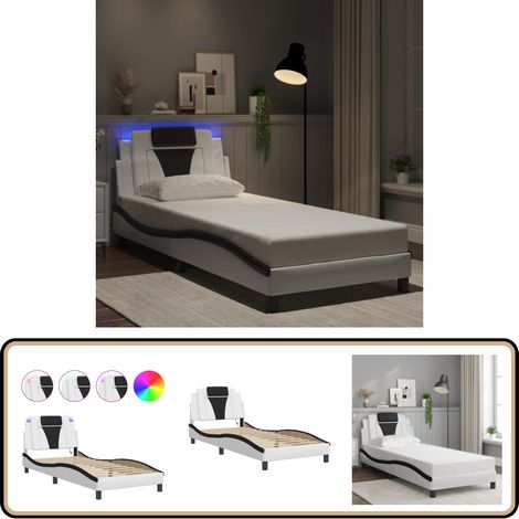 Cadre de lit avec LED sans matelas blanc et noir 90x200 cm - Lit Plateforme - Lit Design - Lit Avec Rangement - Cadre Lit - Tête De Lit Capitonnée