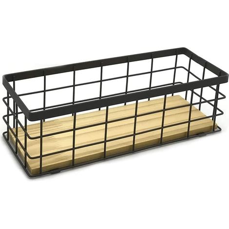 Petit panier de rangement en métal avec fond en bois, panier décoratif pour le rangement de la maison, panier en fil de fer pour organiser la petite vaisselle, noir et marron (1/5)