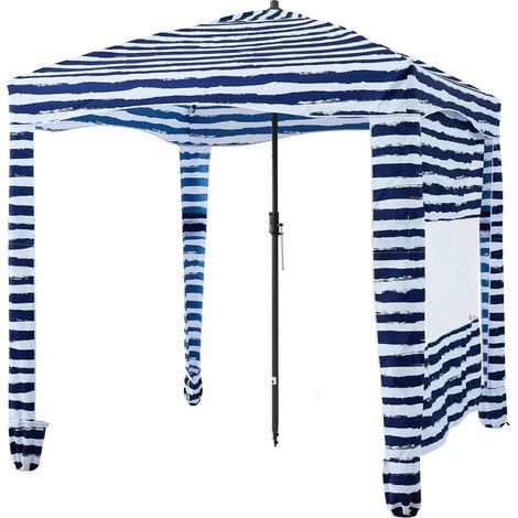 Cabane de plage, 1,83 x 1,83 m, avec parois latérales, protection UPF 50+, montage facile, poches à sable, parasol portable à rayures marines, idéal pour toute la famille et les amis. (1/5)