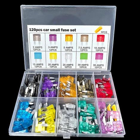 Ensemble de 120 mini fusibles, mini fusibles à lames, compatibles avec les camions, les voitures et les fourgonnettes (2A/3A/5A/7,5A/10A/15A/20A/25A/30A/35A). (1/5)