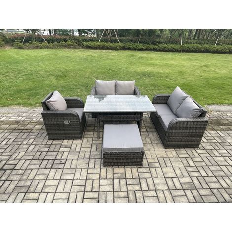 Fimous Lounge Rattan Sofa Set Outdoor Garden Furniture Oblong Rectangular Dining Table With Chairs Big Footstool Dark Grey Mixed