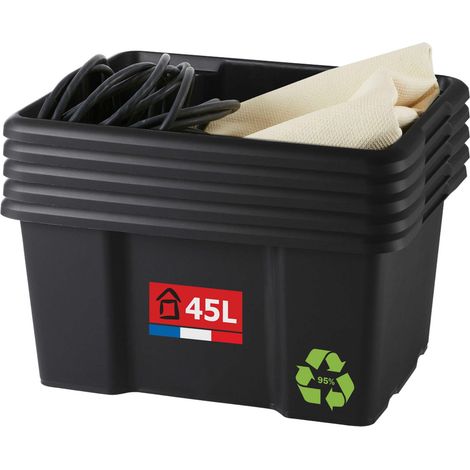 Bac de rangement plastique 45L, x5, noir, L.55,5xl.39,3x H29,5cm (1/4)