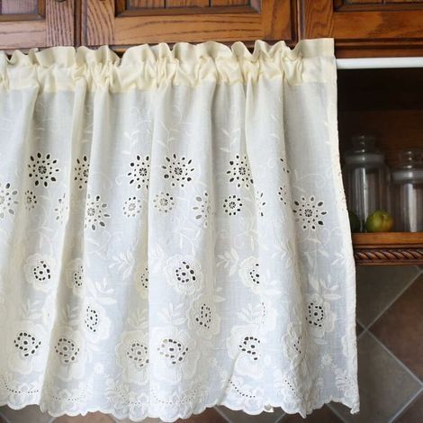 Rideau de Cuisine Court pour Petit Fenêtre Broderie Florale en Coton Beige Rural Rideau Brise-bise Rideaux à étages Rideaux à Disques Panneaux Cantonnières Demi Rideau pour Bistro Café (1/5)