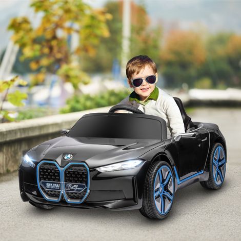 BMW i4 Lizenziertes Elektro-Kinderauto für Kinder von 3–6 Jahren mit Fernbedienung, Hupe und Scheinwerfern, 12-V-Akku, Metallgehäuse, 115 x 67 x 45 cm, Schwarz und Blau