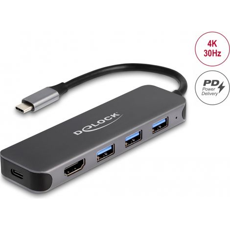Delock Concentrador USB de 3 puertos y salida HDMI 4K con conexiÃ³n USB Type-Câ¢ y PD 85 W