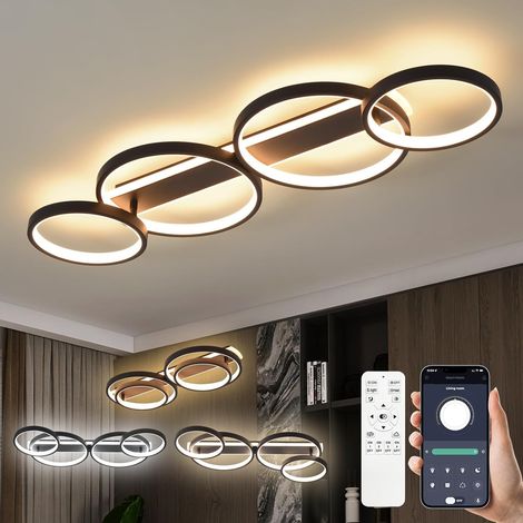 LED Plafonnier deco avec Telecommande APP,Dimmable Chambre Eclairage,Noir  Moderne Lampe de plafond 48W 3000K-6500K,4 anneaux ronde design,Luminaire interieur,Lampe Lustre pour bureau cuisine couloir (1/5)