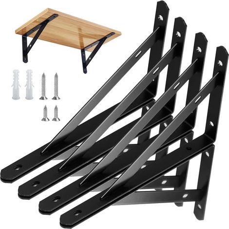 Lot de 8 supports d'étagère triangulaires robustes à angle droit faciles à installer pour étagère, accessoires inclus, 20,3 cm (noir) (1/5)