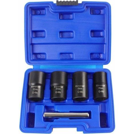 Coffret de douilles extracteurs de vis jeu de 5 douilles torsadées pour retirer les écrous de roue 17 mm, 19 mm, 21 mm et 22 mm, HANBING (1/4)