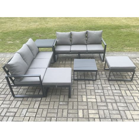 Fimous Aluminium 6 Pieces Garden Furniture Sofa Set with Cushions 8 Seater Outdoor Patio Set with Square Coffee Table Side Table 2 Big Footstools Dark Grey (1/5)