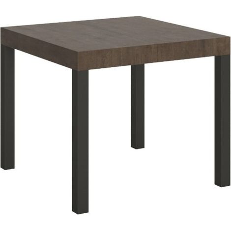 Petite table carrée 90/90 cm extensible10 personnes 90 à 246 cm bois foncé et métal anthracite Evy (1/5)