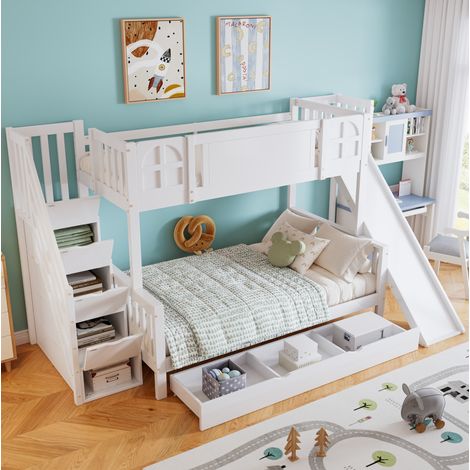 Lit superposé enfant 90x200cm et 120x200cm avec toboggan, escalier de rangement, tiroir sur roulettes,blanc (1/5)