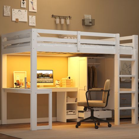 Lit mezzanine 90x200 cm en bois avec bureau, armoire, étagères, éclairage LED et prise USB, lit surélevé gain de place - Blanc (1/5)