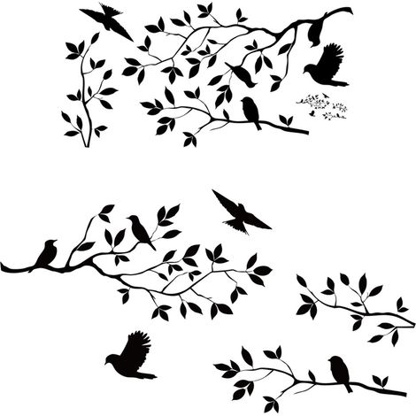 Stickers muraux pour chambre à coucher - Branches d'arbres et oiseaux pour salon, décoration de chambre d'enfant style forêt (noir)