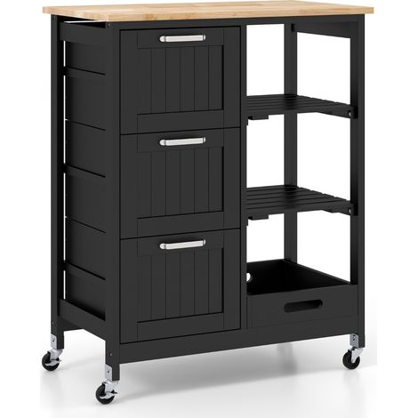 Isola cucina con ruote bloccabili piano in legno di gomma e 2 ripiani rimovibili Carrello multiuso Nero (1/4)