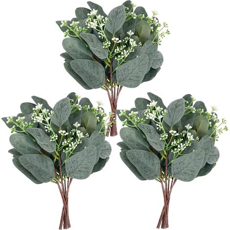 3 piezas de tallos de hojas de eucalipto artificiales con semillas blancas, ramas cortas de eucalipto sintético, plantas verdes para ramos, decoración de bodas y fiestas. (1/5)