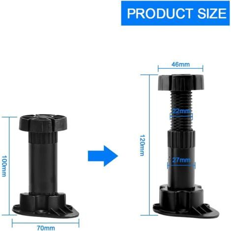 Lot de 20 Pieds de Meubles Réglables, 100-120MM Pieds pour Meuble Noir, Pied de Meuble en Plastique avec 10 Clip pour Plinthe, Pieds de Table Réglable pour Meuble, Armoires, Cuisine, Canapé (1/4)
