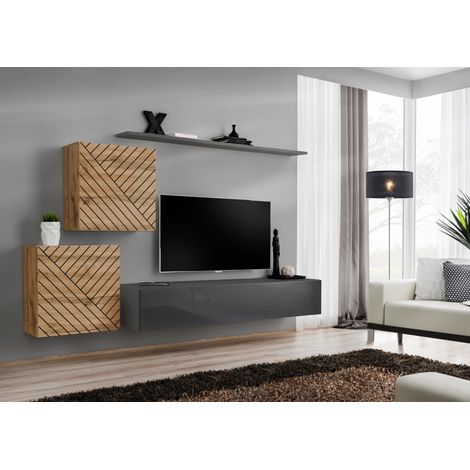Ensemble de 4 meubles muraux "Switch V " pour TV en bois - Beige et Gris - L 250 x H 150 x P 40 cm - Livraison gratuite