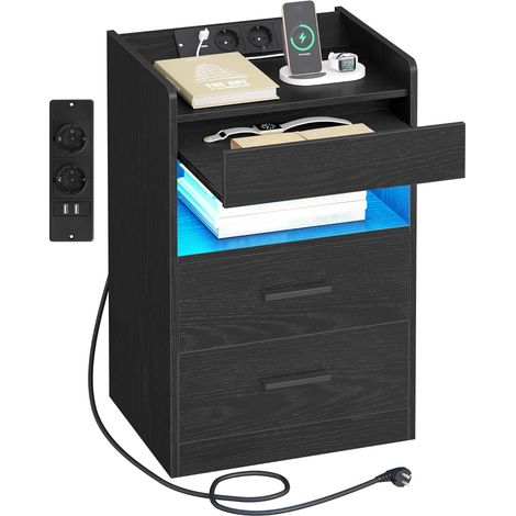 Table de Chevet, Tables d’Appoint avec avec Compartiment caché, Table de Nuit connectée & Éclairage LED, 2 AC, 2 USB, pour Chambre, Salon, 35 x 40 x 64 cm, Noir (1/5)
