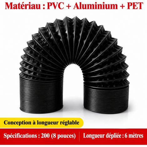Gaine de ventilation flexible composite PVC et aluminium noire Ø 200 mm (8 pouces) 6 m 200 8 6 21 × 21 × 25 cm 1,3 kg – Livraison gratuite