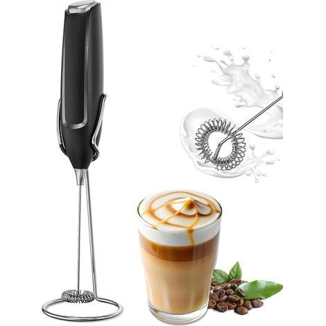Mousseur à Lait Électrique pour Café/Cappuccino, Milk Frother with Stand, Mélangeur de Boissons à Piles avec Fouet et Support en Acier Inoxydable (1/5)