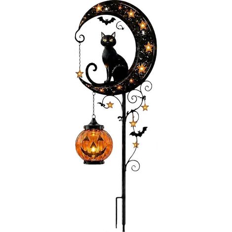 Lampe solaire Halloween extérieur chat noir lune citrouille, décoration jardin métal à piquet, lanterne chemin LED A+1 (1/5)