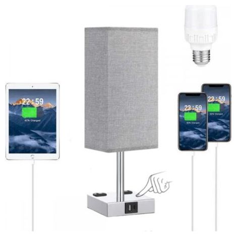 Lampada da comodino touch (lampadina inclusa) con porte di ricarica USB C+A, dimmerabile a 3 livelli, paralume in tessuto grigio, base in metallo, lampada da tavolo per camera da letto/soggiorno. (1/5)