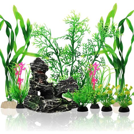Décoration d'Aquarium Ensemble de Plantes Artificielles en Plastique et Rocher Décoratif pour Grand et Petit Aquarium Accessoires pour Poissons 9 Pièces