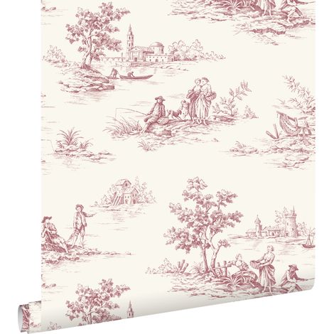 papier peint toile de jouy rouge bordeaux et blanc - ESTAhome