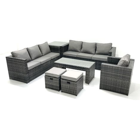 Fimous Polyrattan Gartenmöbel Set Outdoor 9-Sitzer Garten Sofa Sets mit Glasplatte Couchtisch Hocker Beistelltisch (1/5)